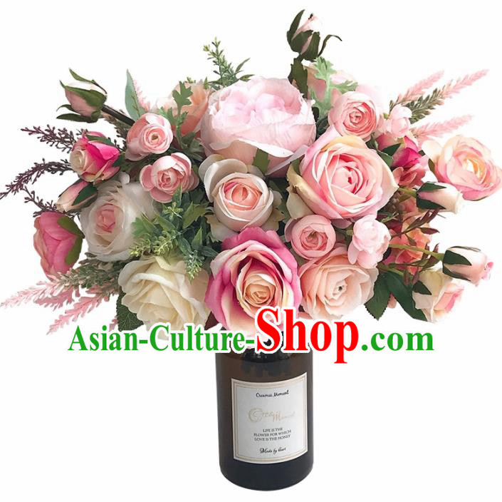 Handmade Wedding Bride Holding Emulational Classical Pink Rose Flowers Ball Hand Tied Bouquet Flowers for Women