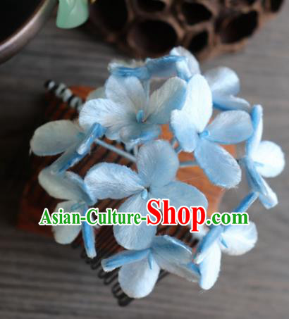 Chinese Handmade Blue Velvet Hydrangea Hairpins Ancient Palace Headwear for Women