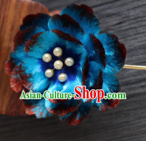 Chinese Handmade Blue Velvet Flowers Hairpins Ancient Palace Hair Accessories Headwear for Women