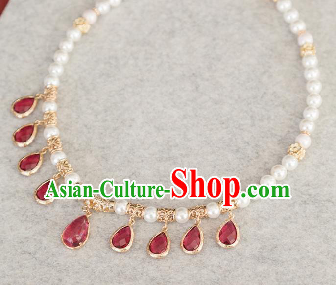 Handmade Chinese Classical Red Crystal Necklace Ancient Palace Hanfu Pearls Necklet Accessories for Women