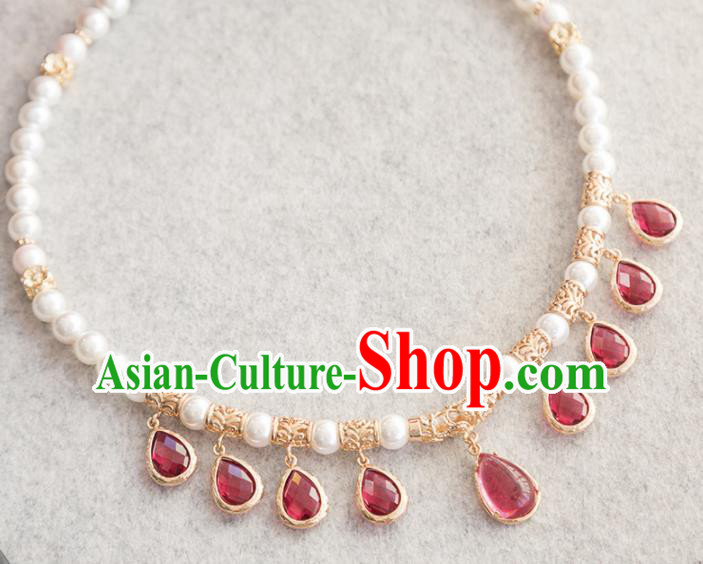 Handmade Chinese Classical Red Crystal Necklace Ancient Palace Hanfu Pearls Necklet Accessories for Women