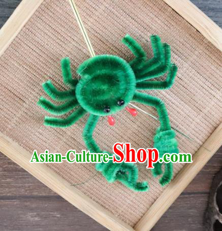 Chinese Handmade Green Velvet Crab Hairpins Ancient Palace Queen Hair Accessories Headwear for Women