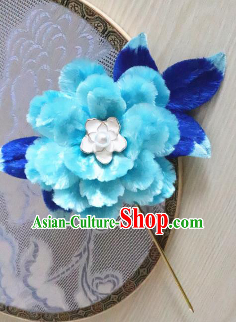 Chinese Handmade Blue Velvet Peony Hairpins Ancient Palace Queen Hair Accessories Headwear for Women