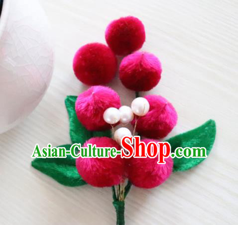 Chinese Handmade Rosy Velvet Berry Hairpins Ancient Palace Queen Hair Accessories Headwear for Women