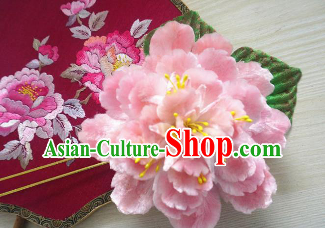 Chinese Handmade Pink Velvet Peony Hairpins Ancient Palace Queen Hair Accessories Headwear for Women