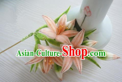 Chinese Handmade Palace Pink Lily Flowers Velvet Hairpins Ancient Queen Hair Accessories Headwear for Women