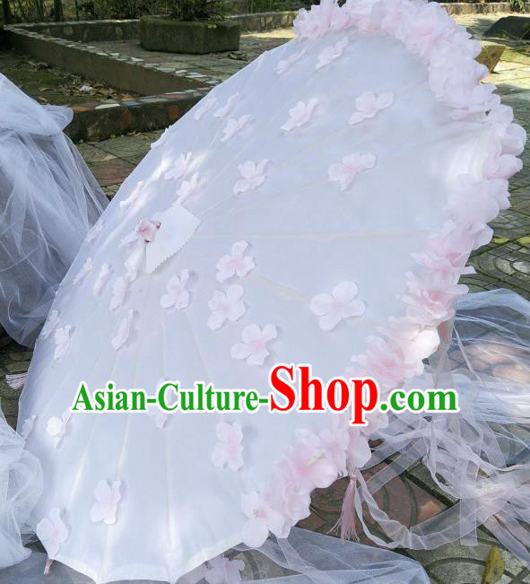 Chinese Traditional Pink Peach Blossom Ribbon Tassel Umbrella Ancient Princess Umbrella for Women