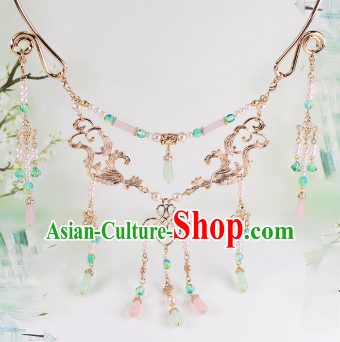 Handmade Chinese Classical Rose Chalcedony Tassel Necklace Ancient Palace Hanfu Necklet Accessories for Women