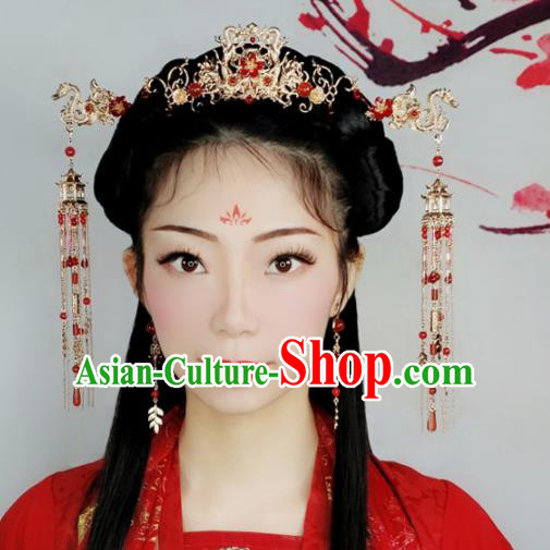 Chinese Handmade Palace Dragons Hair Crown Tassel Hairpins Ancient Princess Hanfu Hair Accessories Headwear for Women