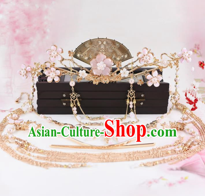 Chinese Handmade Palace Pink Flowers Hair Crown Hairpins Ancient Princess Hanfu Hair Accessories Headwear for Women