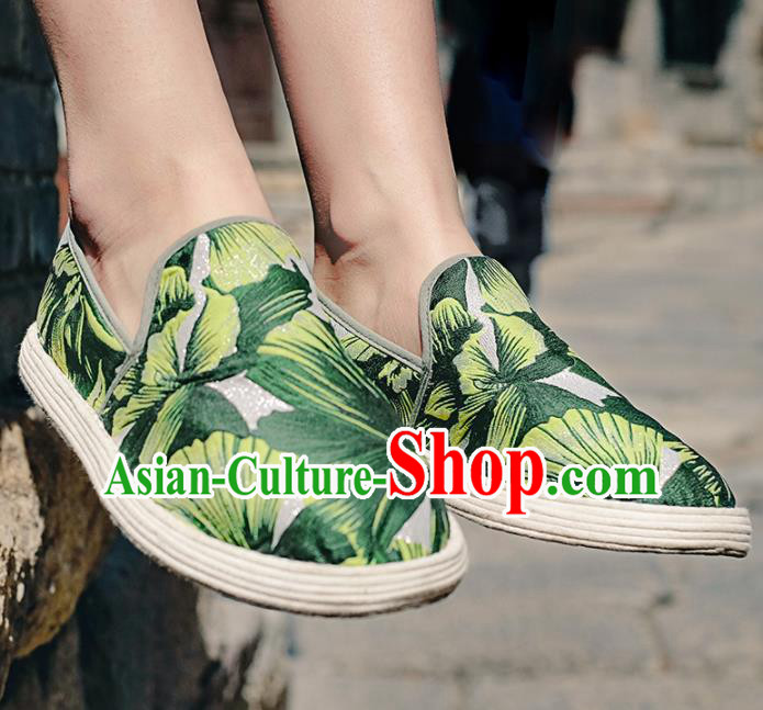 Chinese Handmade Printing Green Cloth Shoes Traditional National Shoes Ancient Hanfu Shoes for Women