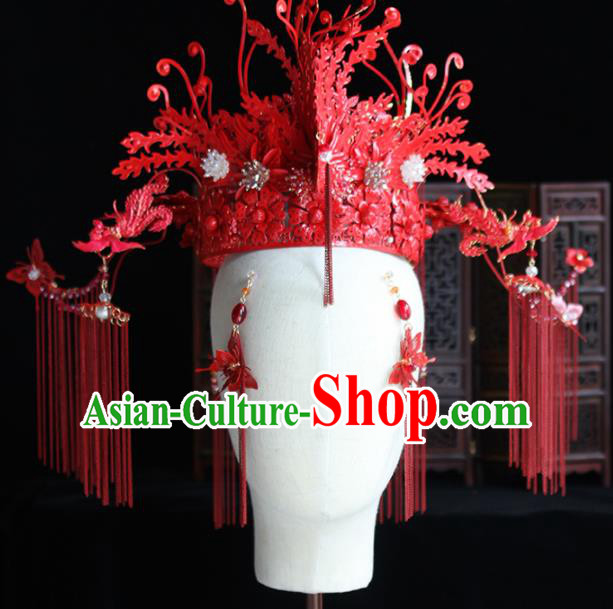 Chinese Handmade Palace Red Phoenix Coronet Hairpins Ancient Princess Hanfu Hair Accessories Headwear for Women