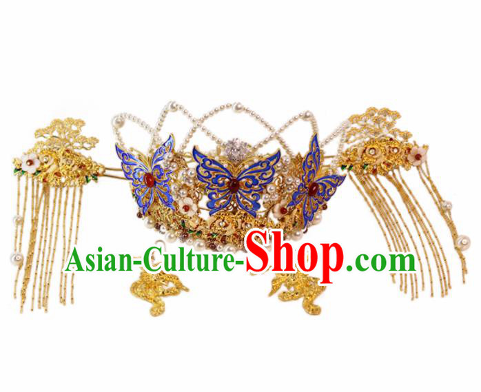 Chinese Handmade Palace Blueing Butterfly Phoenix Coronet Hairpins Ancient Princess Hanfu Hair Accessories Headwear for Women