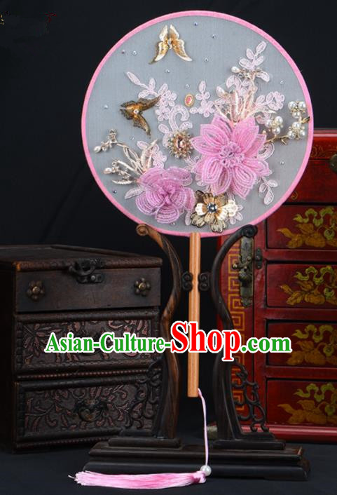 Chinese Traditional Wedding Pink Peony Round Fans Ancient Bride Palace Fan for Women