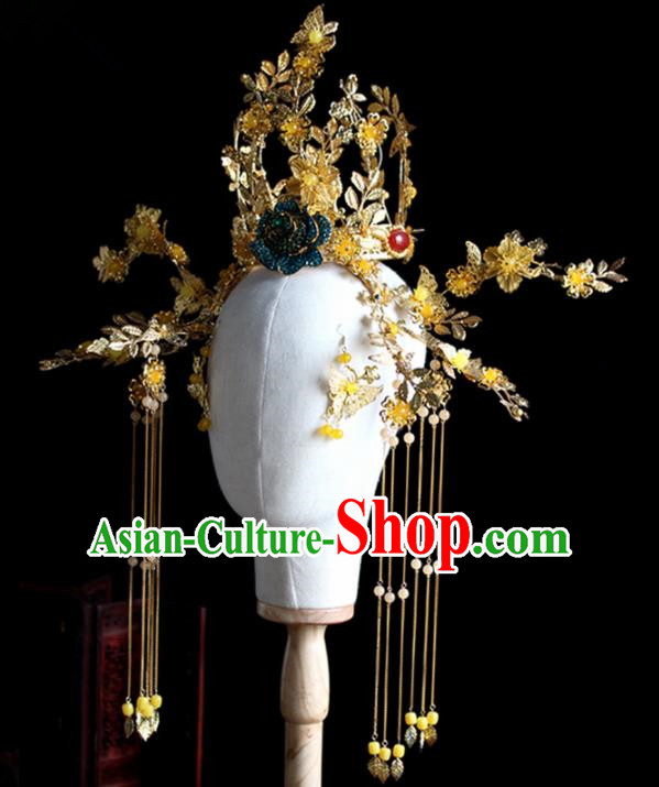 Chinese Handmade Palace Queen Golden Phoenix Coronet Hairpins Ancient Hair Accessories Headwear for Women