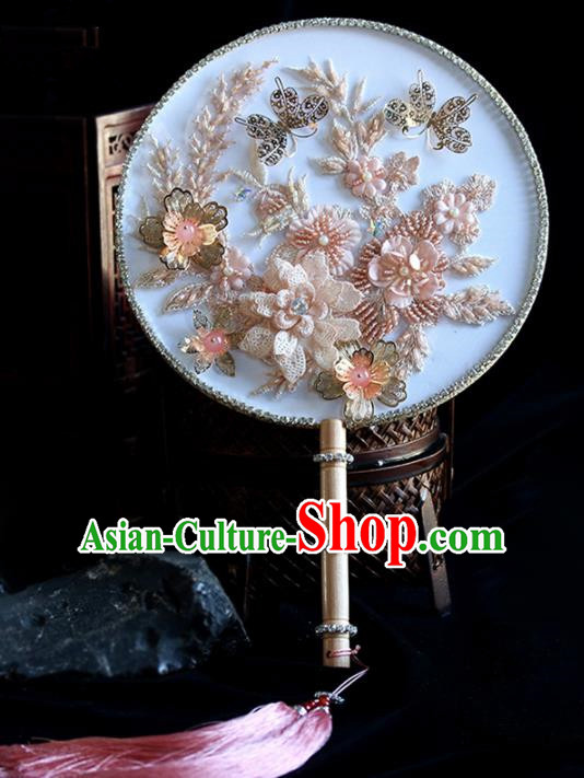 Chinese Traditional Wedding Pink Lace Round Fans Ancient Bride Palace Fan for Women