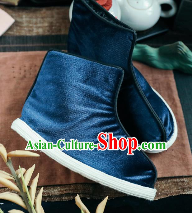 Chinese Handmade Blue Cloth Boots Traditional National Shoes Ancient Princess Hanfu Shoes for Women
