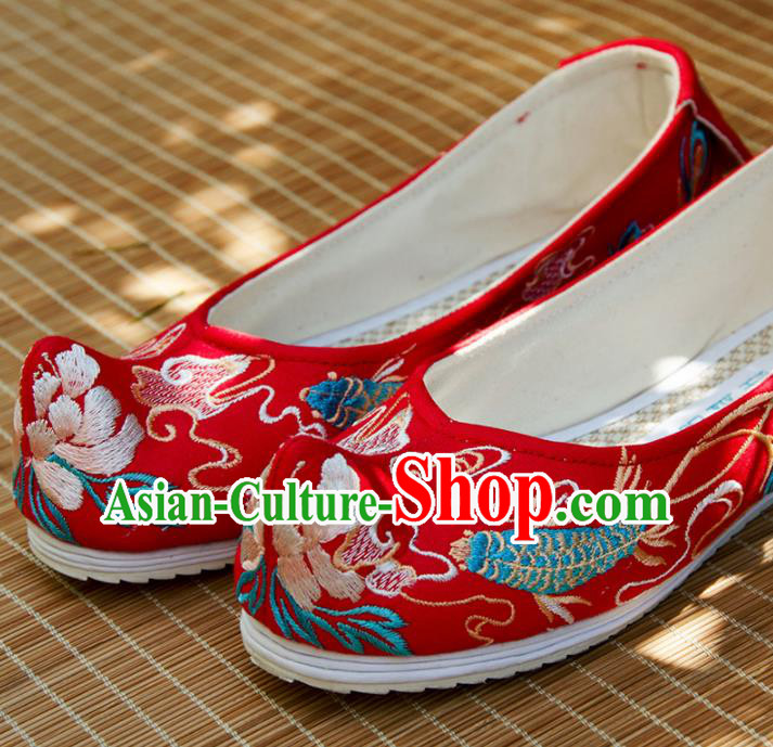 Chinese Handmade Red Satin Shoes Traditional National Shoes Ancient Princess Embroidered Hanfu Shoes for Women