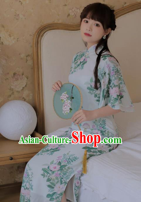 Chinese Classical National Printing Green Cheongsam Traditional Tang Suit Qipao Dress for Women