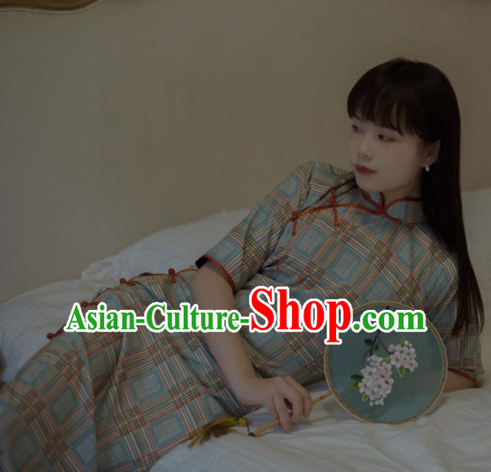 Chinese Classical National Green Linen Cheongsam Traditional Tang Suit Qipao Dress for Women