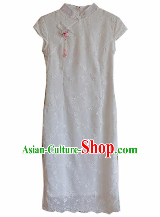 Chinese Classical National White Lace Cheongsam Traditional Tang Suit Qipao Dress for Women