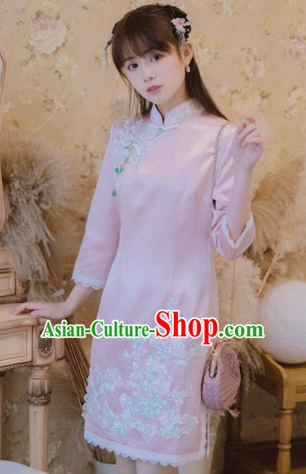 Chinese Classical National Embroidered Pink Cheongsam Traditional Tang Suit Qipao Dress for Women