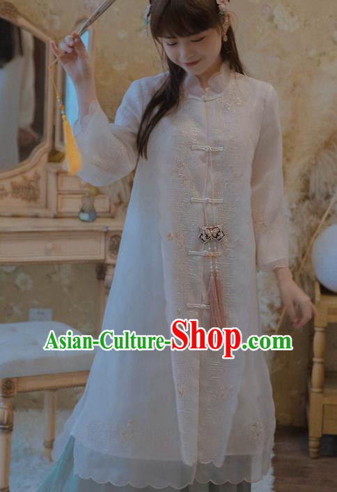 Chinese National Classical Embroidered White Silk Coat Traditional Tang Suit Upper Outer Garment for Women