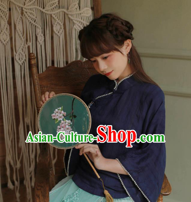 Chinese National Classical Navy Qipao Blouse Traditional Tang Suit Upper Outer Garment for Women