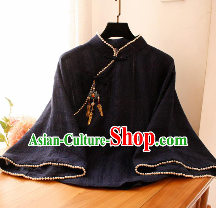 Chinese National Classical Navy Qipao Blouse Traditional Tang Suit Upper Outer Garment for Women