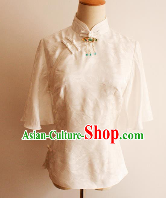 Chinese National Classical White Silk Qipao Blouse Traditional Tang Suit Upper Outer Garment for Women