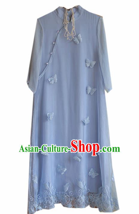 Chinese Classical National Blue Butterfly Cheongsam Traditional Tang Suit Qipao Dress for Women