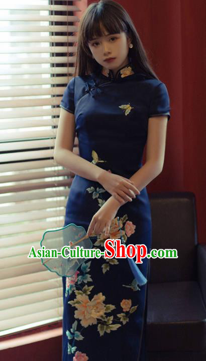 Chinese National Printing Peony Royalblue Cheongsam Traditional Classical Tang Suit Qipao Dress for Women