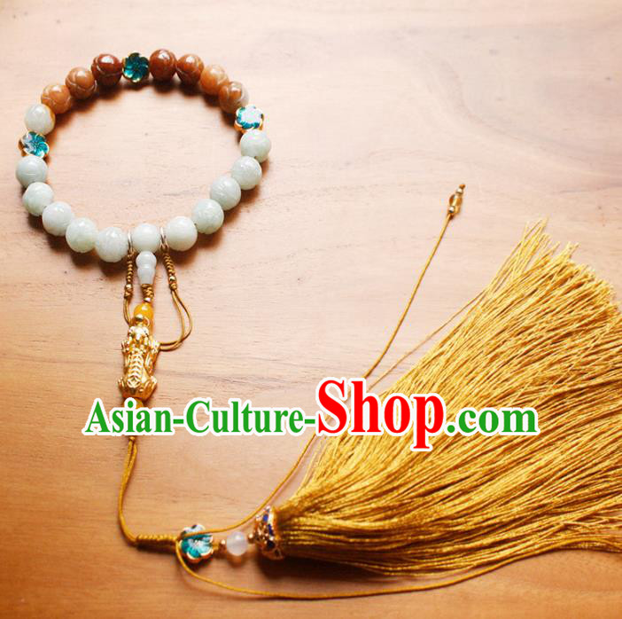 Chinese Handmade Palace Jade Beads Accessories Ancient Queen Tassel Brooch Headwear for Women
