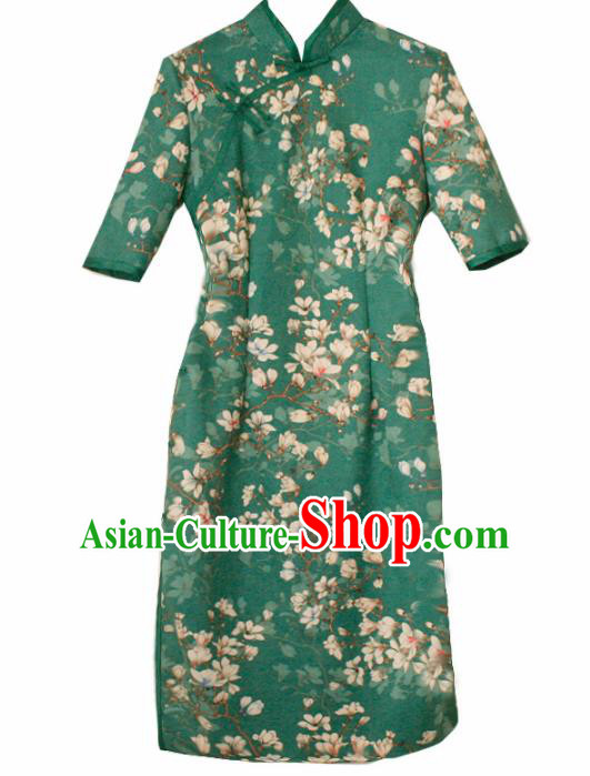 Traditional Chinese National Printing Green Cheongsam Classical Tang Suit Qipao Dress for Women