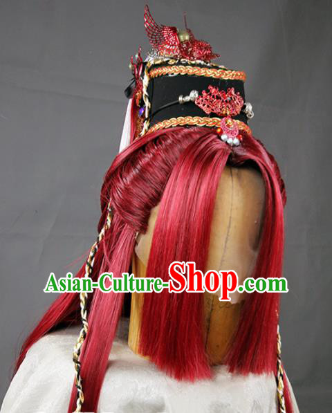 Chinese Traditional Cosplay Prince Red Wig Ancient Swordsman Wig Sheath for Men