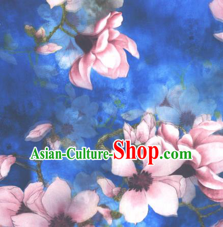 Chinese Traditional Cheongsam Fabric Classical Yulan Magnolia Pattern Blue Brocade Satin Material Silk Fabric