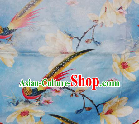 Chinese Traditional Hanfu Printing Magnolia Birds Pattern Blue Brocade Material Cheongsam Classical Fabric Satin Silk Fabric