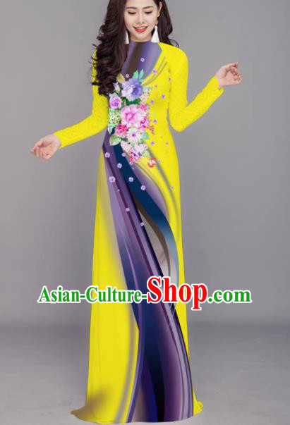 Vietnam Traditional Printing Flowers Yellow Aodai Cheongsam Asian Costume Vietnamese Bride Classical Qipao Dress for Women