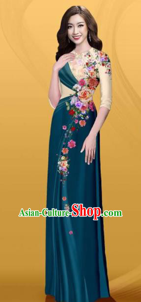 Vietnam Traditional Printing Roses Atrovirens Aodai Cheongsam Asian Costume Vietnamese Bride Classical Qipao Dress for Women