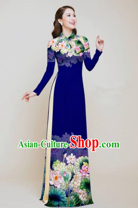 Vietnam Traditional Costume Printing Lotus Navy Aodai Cheongsam Asian Vietnamese Bride Classical Qipao Dress for Women