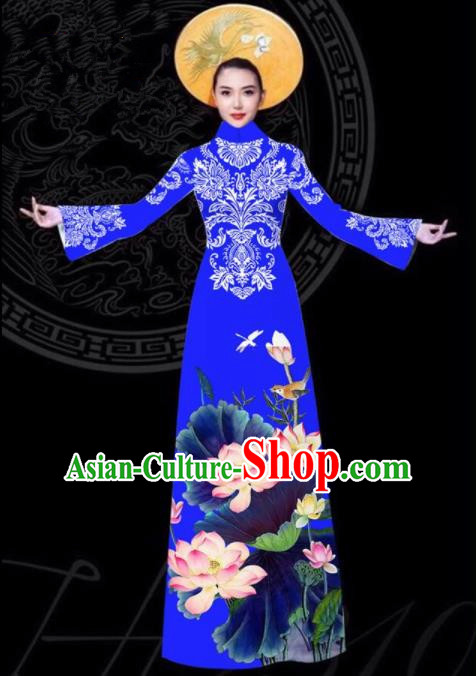 Vietnam Traditional Court Printing Lotus Blue Aodai Cheongsam Asian Vietnamese Queen Classical Qipao Dress for Women
