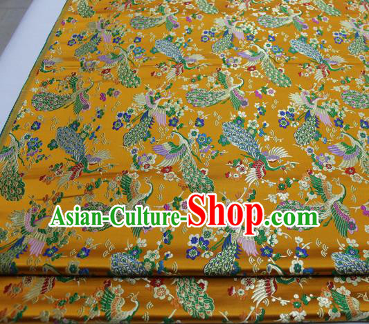 Chinese Traditional Tang Suit Royal Peacock Pattern Golden Brocade Satin Fabric Material Classical Silk Fabric