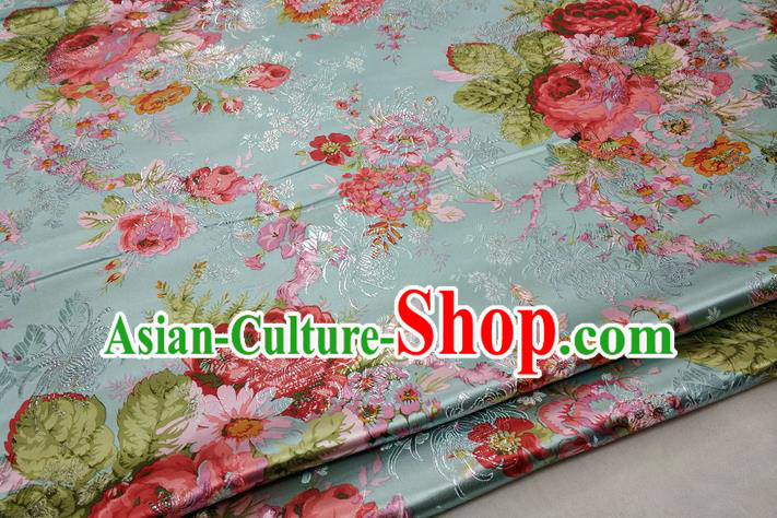 Chinese Traditional Fabric Royal Peony Pattern Green Brocade Material Hanfu Classical Satin Silk Fabric