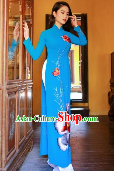 Vietnam Traditional Printing Lotus Blue Aodai Cheongsam Asian Vietnamese Bride Classical Qipao Dress for Women