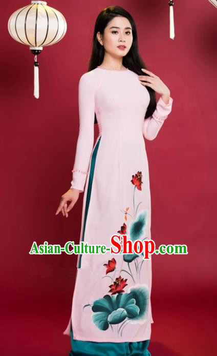 Vietnam Traditional Printing Lotus Pink Aodai Cheongsam Asian Vietnamese Bride Classical Qipao Dress for Women