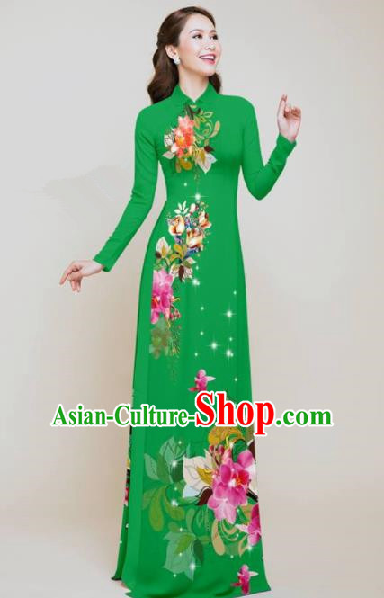 Vietnam Traditional Printing Flowers Green Aodai Qipao Dress Asian Vietnamese Bride Classical Cheongsam for Women