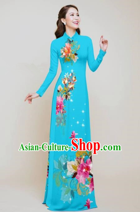 Vietnam Traditional Printing Flowers Blue Aodai Qipao Dress Asian Vietnamese Bride Classical Cheongsam for Women
