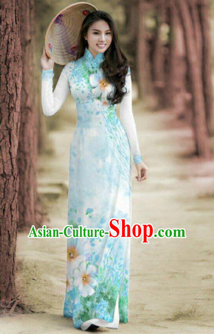 Vietnam Traditional Printing Blue Ao Dai Dress Asian Vietnamese Bride Classical Cheongsam for Women