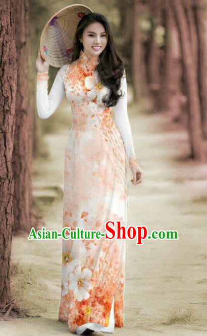 Vietnam Traditional Printing Orange Ao Dai Dress Asian Vietnamese Bride Classical Cheongsam for Women