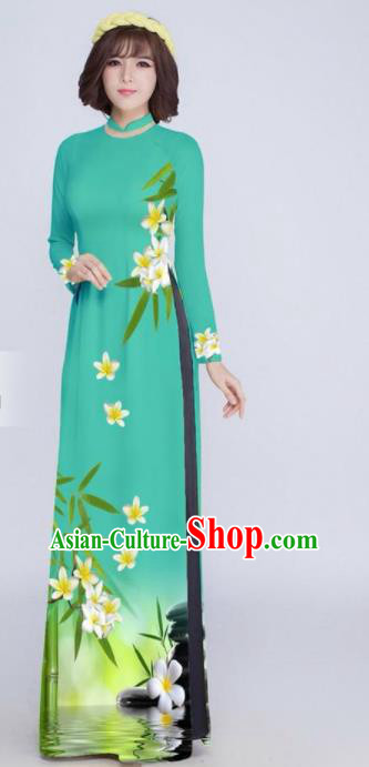 Vietnam Classical Printing Green Ao Dai Dress Asian Traditional Vietnamese Bride Cheongsam for Women